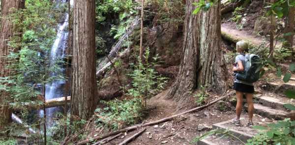 hiker with waterfall